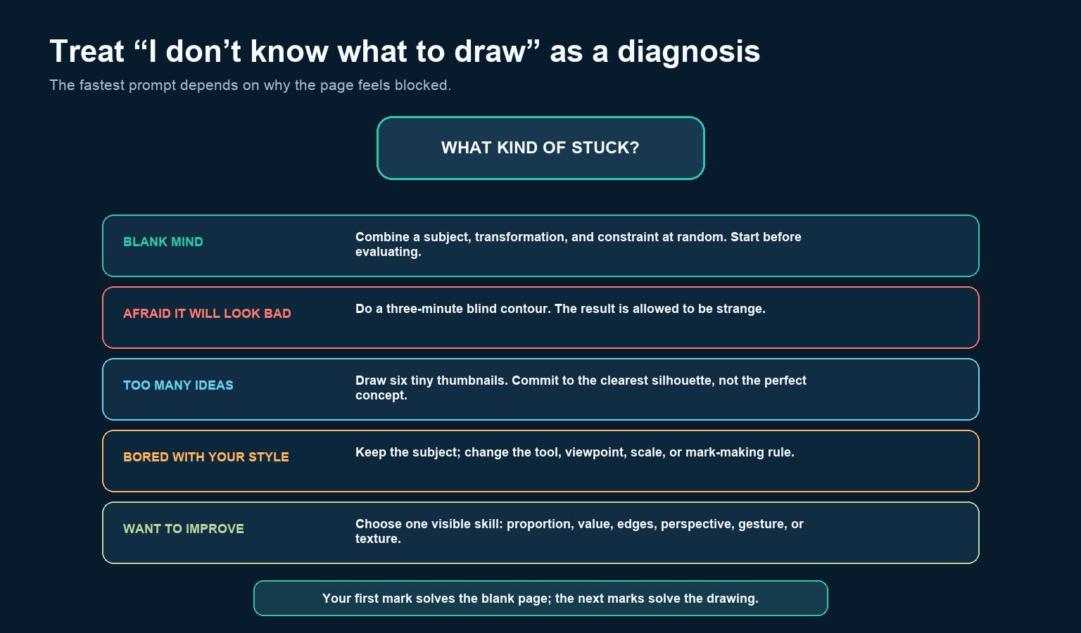 Creative block diagnosis maps blank mind, fear, too many ideas, boredom, and skill goals to drawing actions
