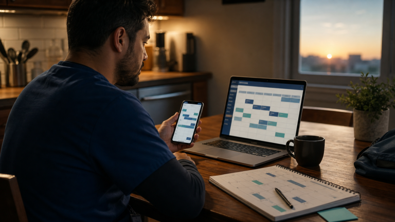 A shift worker checking a work schedule on a laptop and phone at home