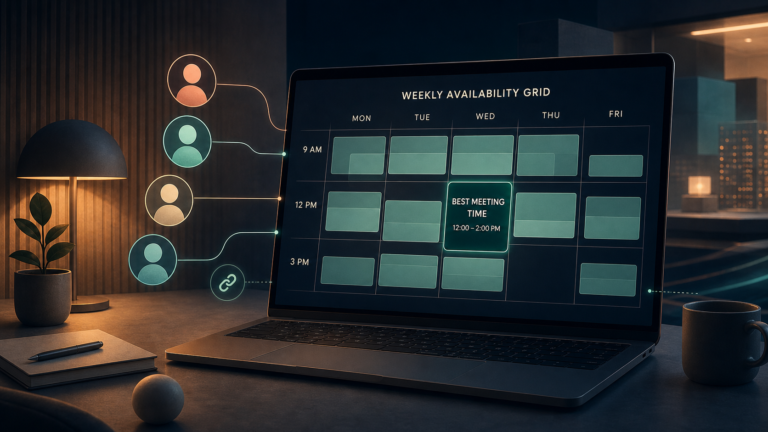 Four participants contribute availability to a weekly grid with one shared meeting window