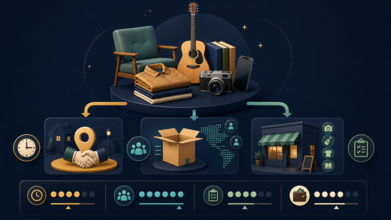 Used furniture, clothing, electronics, books, and music gear branch toward local, shipped, and specialist selling routes